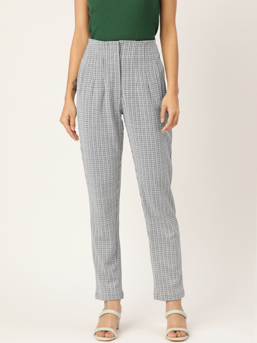 

Zastraa Women Striped Smart Slim Fit High-Rise Trousers, Grey