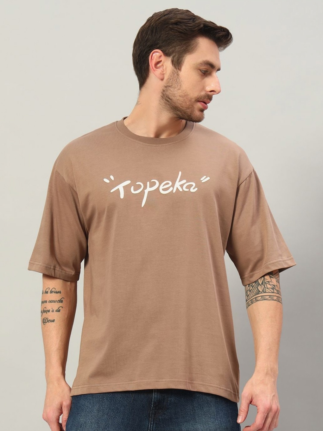 

PROFY Men Typography Printed Round Neck Cotton Oversized T-shirt, Brown