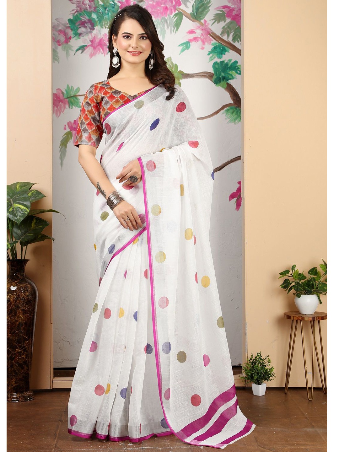 

ORUS Polka Dot Pure Cotton Saree, White