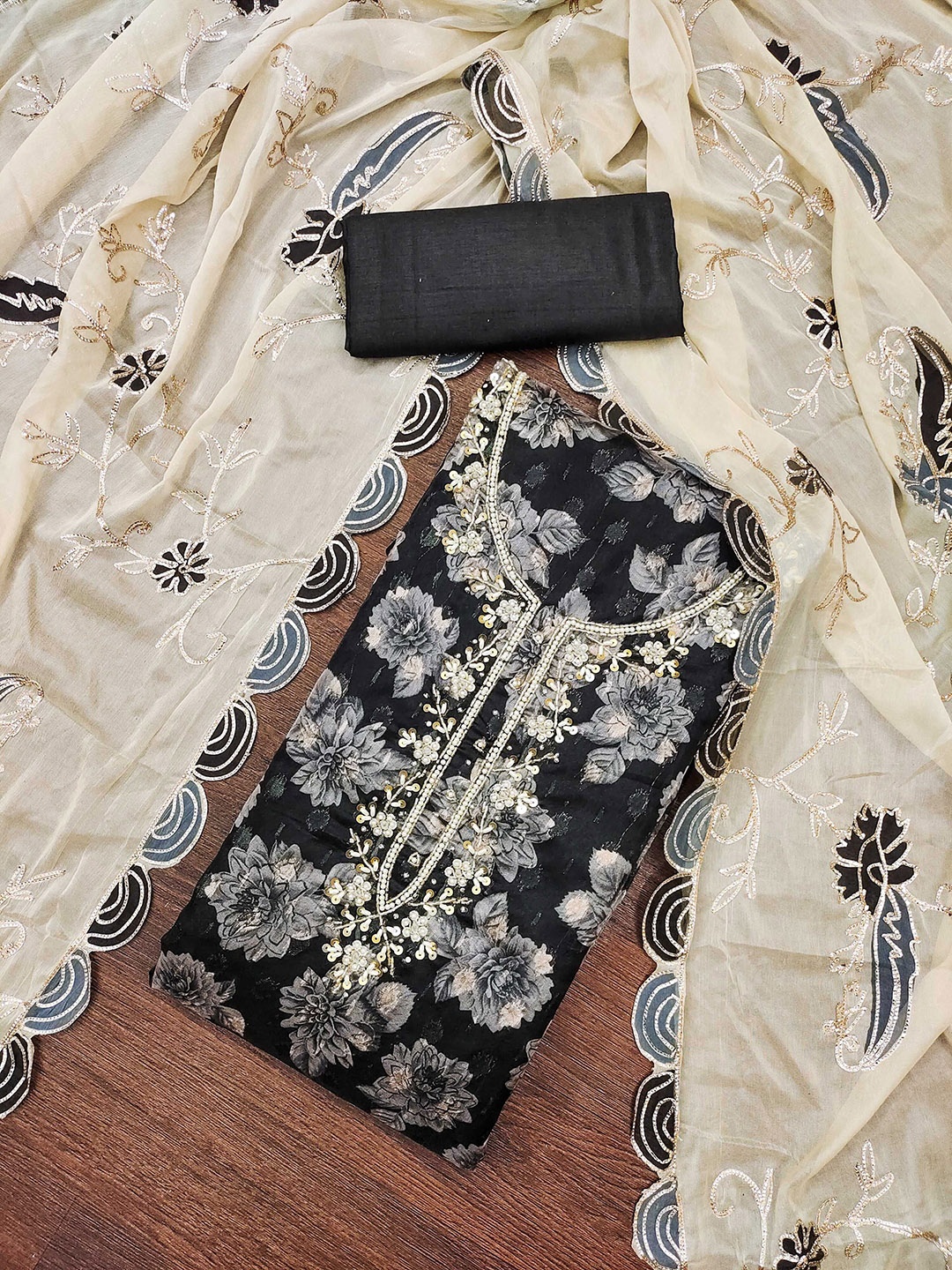 

SHADOW & SAINING Floral Woven Design Zari Work Semi-Stitched Dress Material, Black