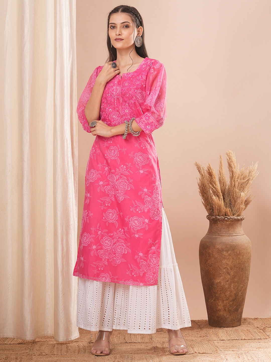 

FASHOR Floral Printed Notch Neck Sequinned Organza Straight Kurta, Pink