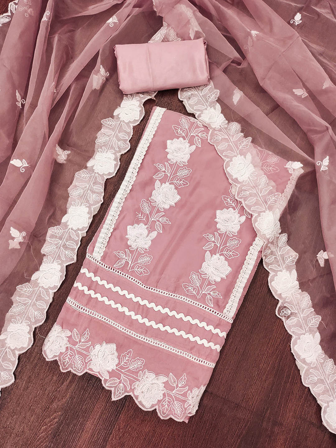 

SHADOW & SAINING Floral Embroidered Thread Work Organza Semi-Stitched Dress Material, Pink
