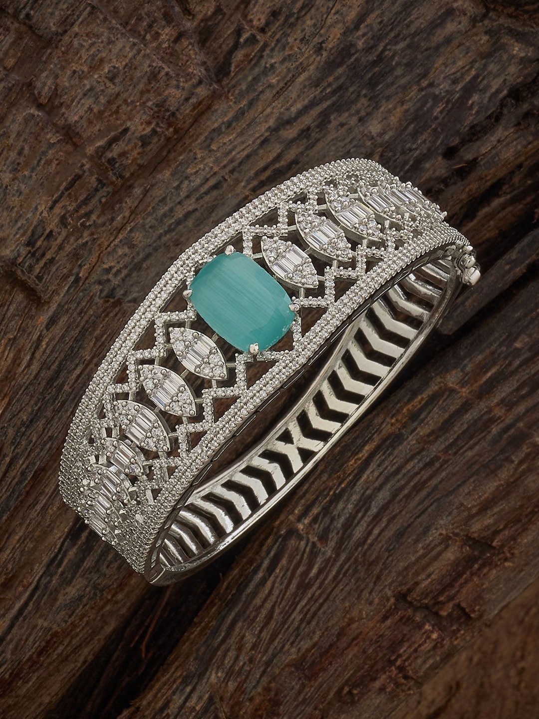 

Kushal's Fashion Jewellery Rhodium Plated Mint Green Cubic Zircon Studded Kada Bangle, Silver