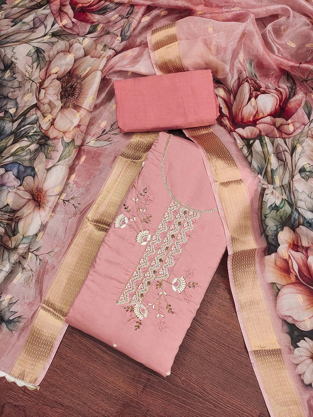 

SHADOW & SAINING Embellished Pure Silk Semi-Stitched Dress Material, Peach