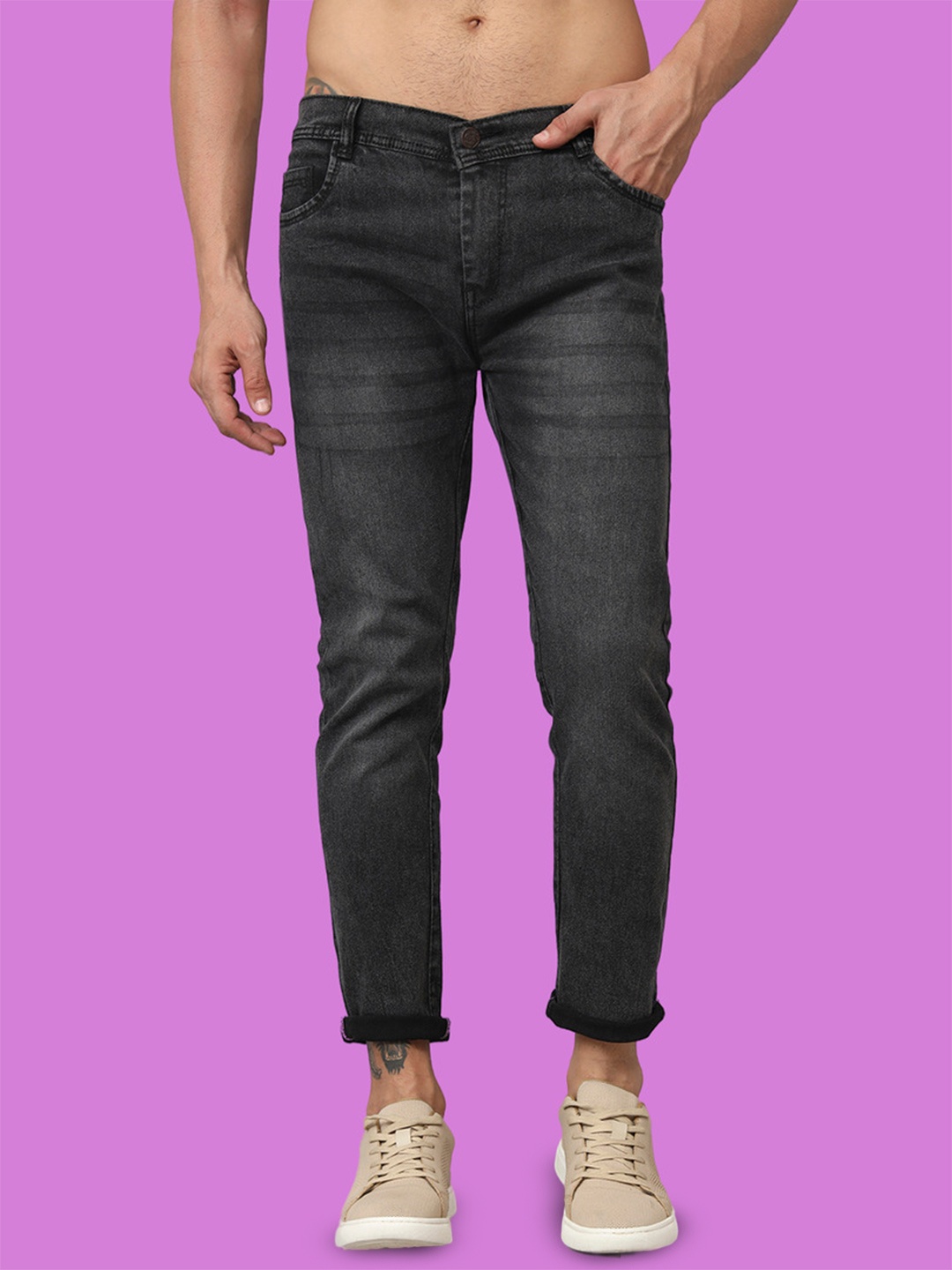 

COMFITS Men Cotton Classic Low Distress Heavy Fade Stretchable Jeans, Black