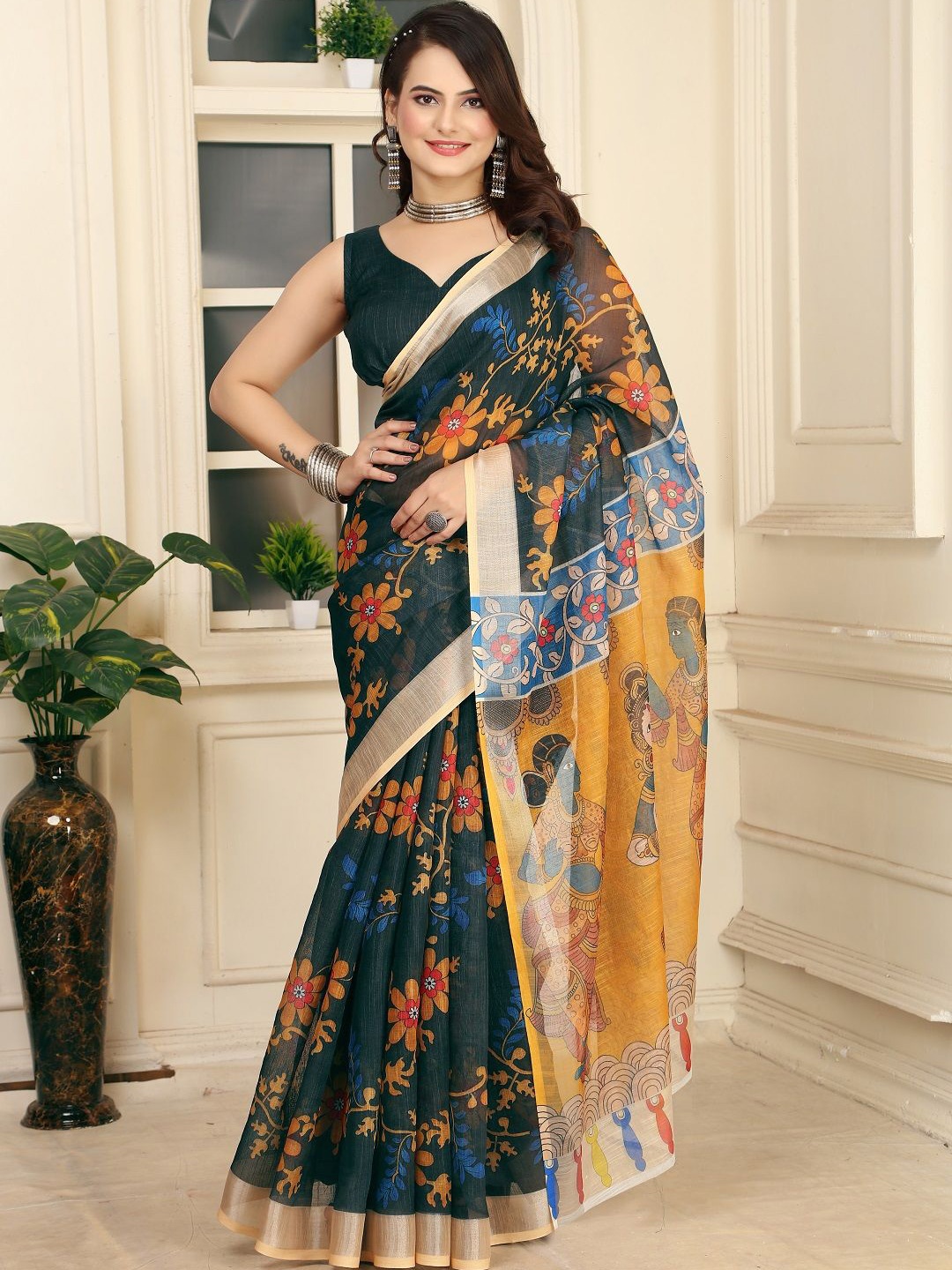 

ORUS Floral Printed Pure Cotton Saree, Black