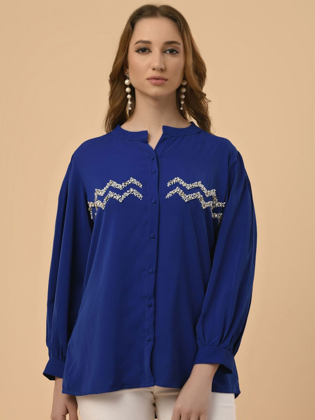 

Albion By CnM Women Mandarin Collar Cotton Blouson Top, Blue