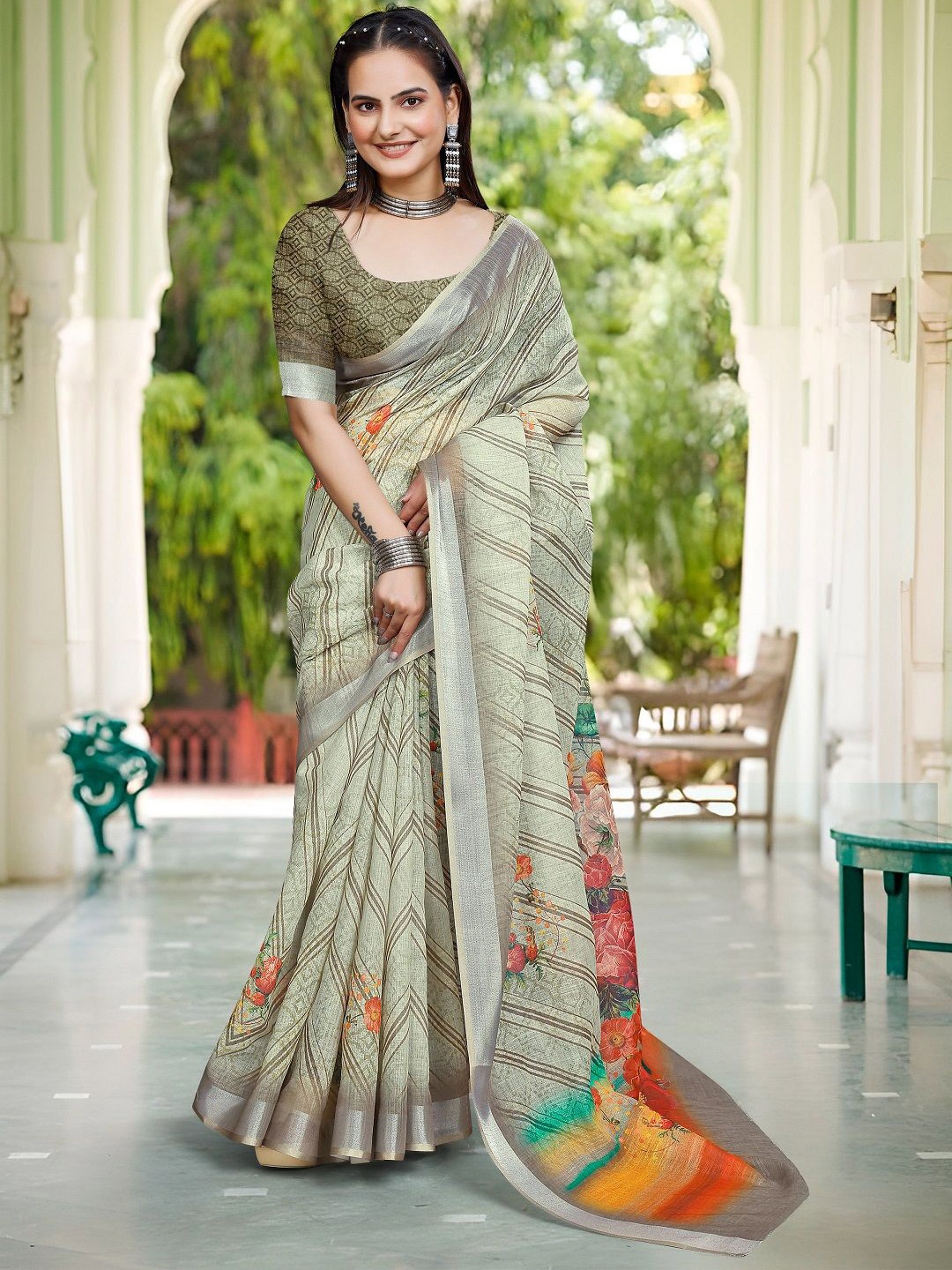 

ORUS Floral Zari Pure Cotton Saree, Green