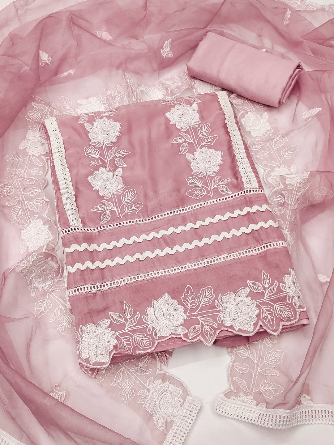 

SHADOW & SAINING Floral Embroidered Sequinned Organza Unstitched Dress Material, Pink