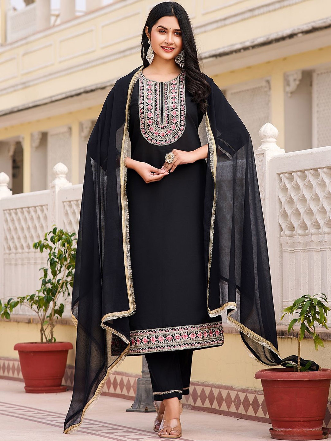 

Moda Rapido Ethnic Motifs Yoke Design Sequinned Round Neck Kurta with Trousers & Dupatta, Black