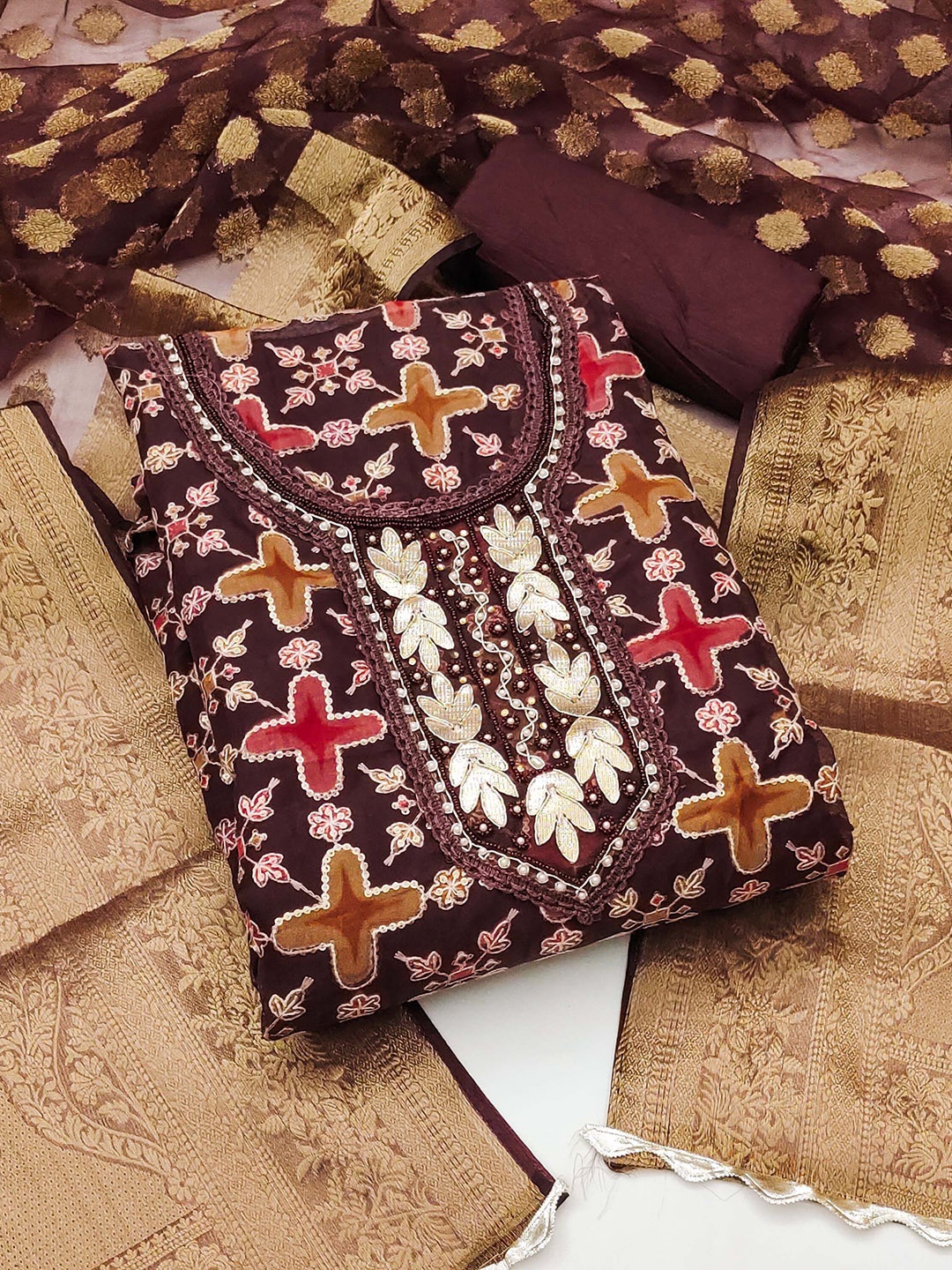 

SHADOW & SAINING Ethnic Motifs Embellished Organza Semi-Stitched Dress Material, Brown