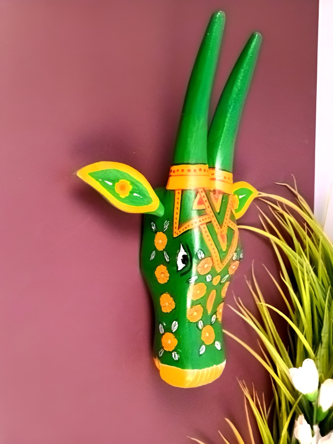 

apka mart Green & Yellow Cow Head Printed Wooden Wall Hanging