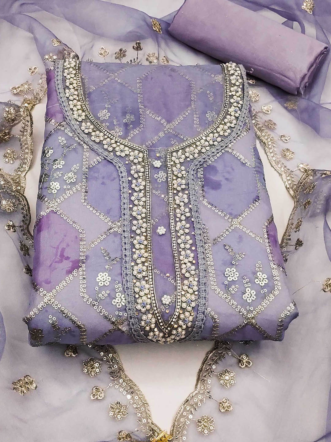 

SHADOW & SAINING Floral Embroidered Beads & Stones Organza Unstitched Dress Material, Lavender