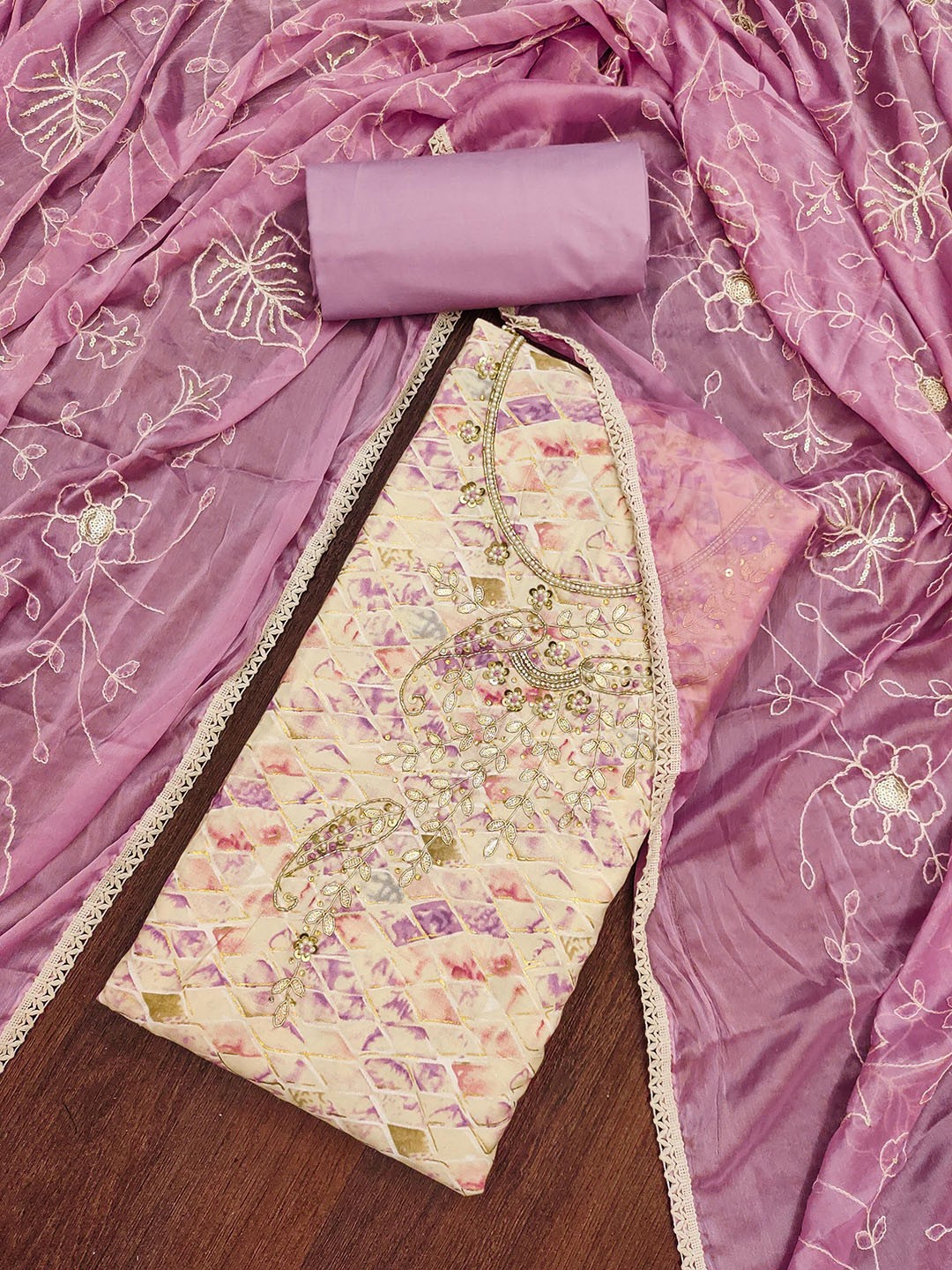 

SHADOW & SAINING Floral Printed Beads and Stones Jam Cotton Semi-Stitched Dress Material, Purple