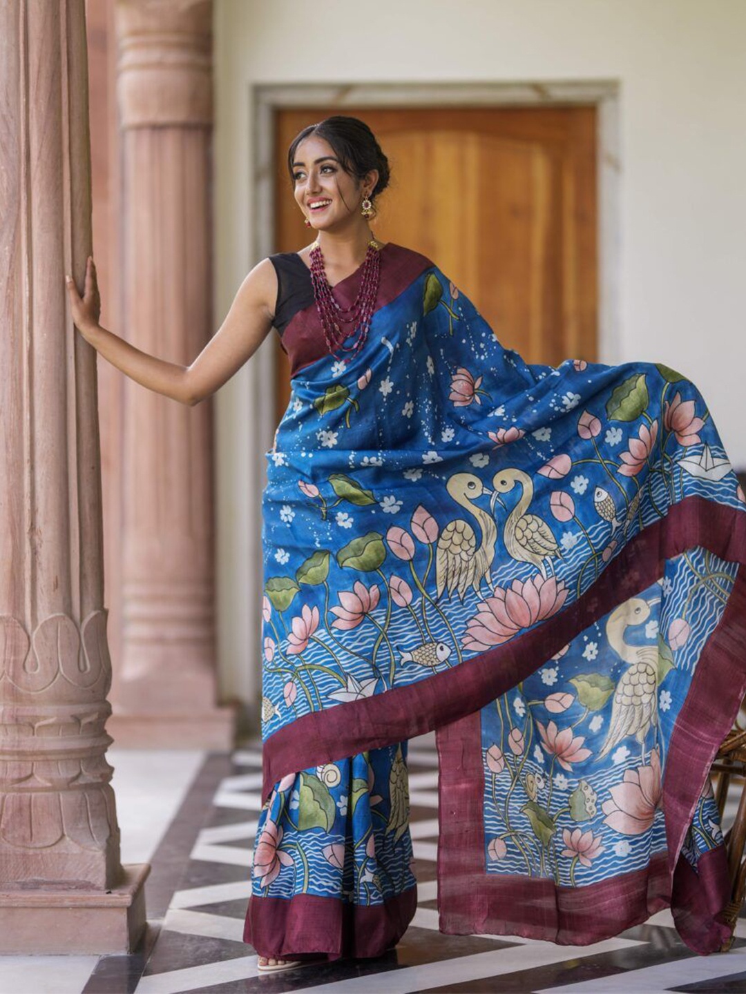 

ORUS Ethnic Motifs Printed Pure Cotton Saree, Blue