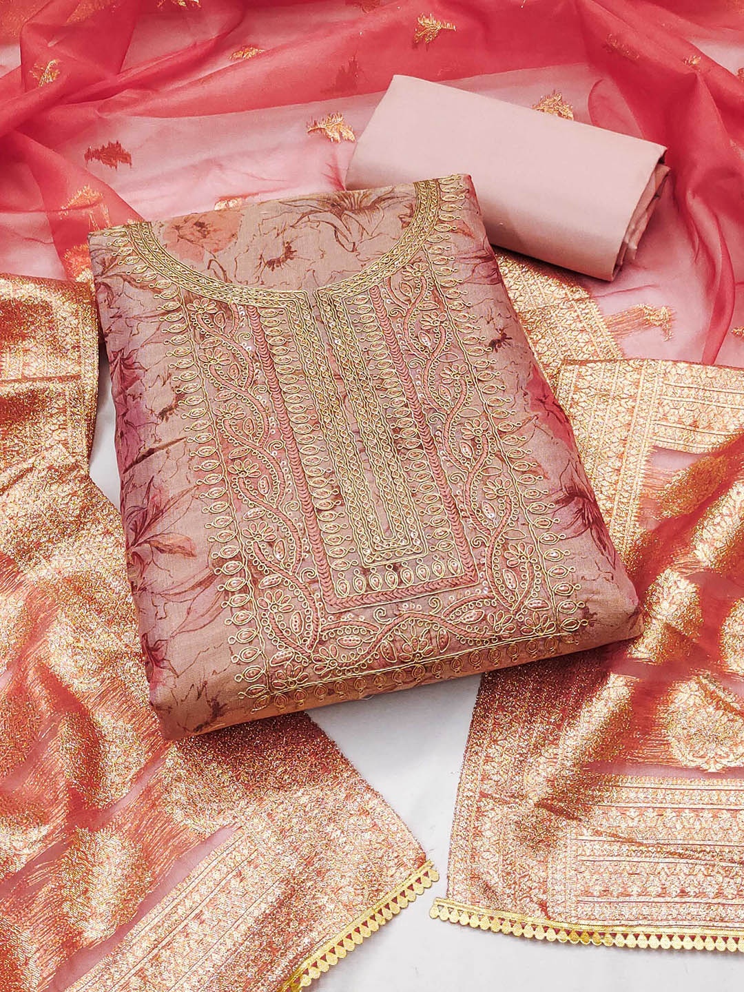 

SHADOW & SAINING Printed Sequnnied Organza Semi-Stitched Dress Material, Peach