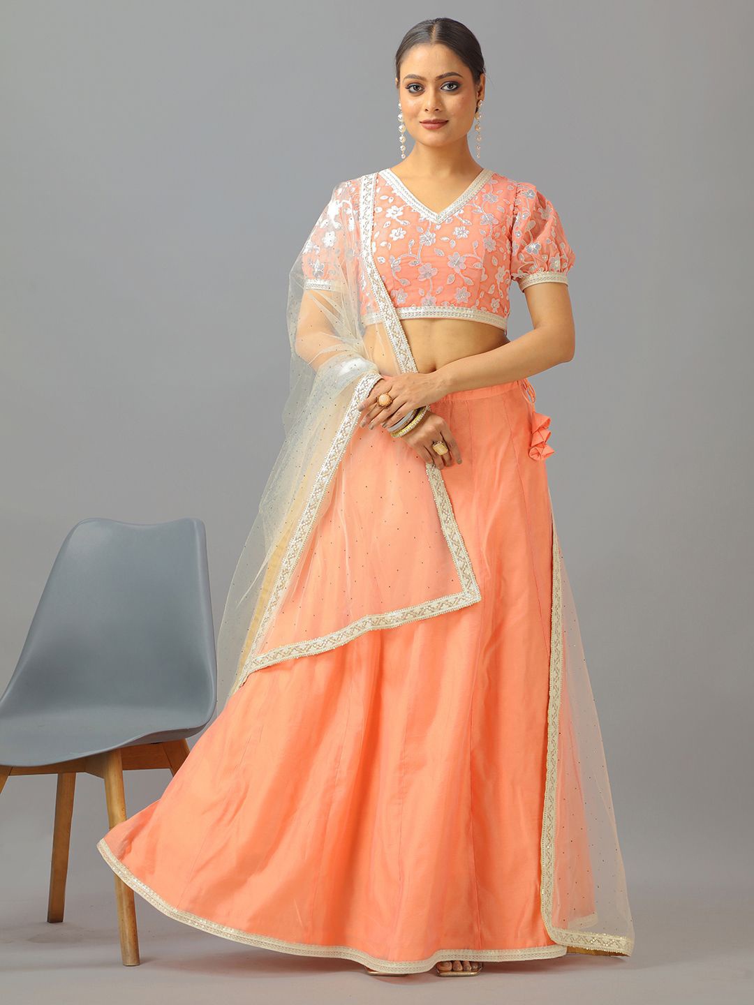 

Ethnovog Floral Printed Lehenga & Blouse With Dupatta, Peach