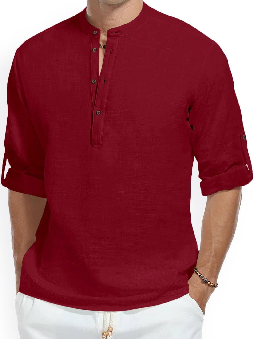 

Fifth U Band Collar Roll-Up Sleeves Wrinkle Free Straight Short Kurta, Maroon