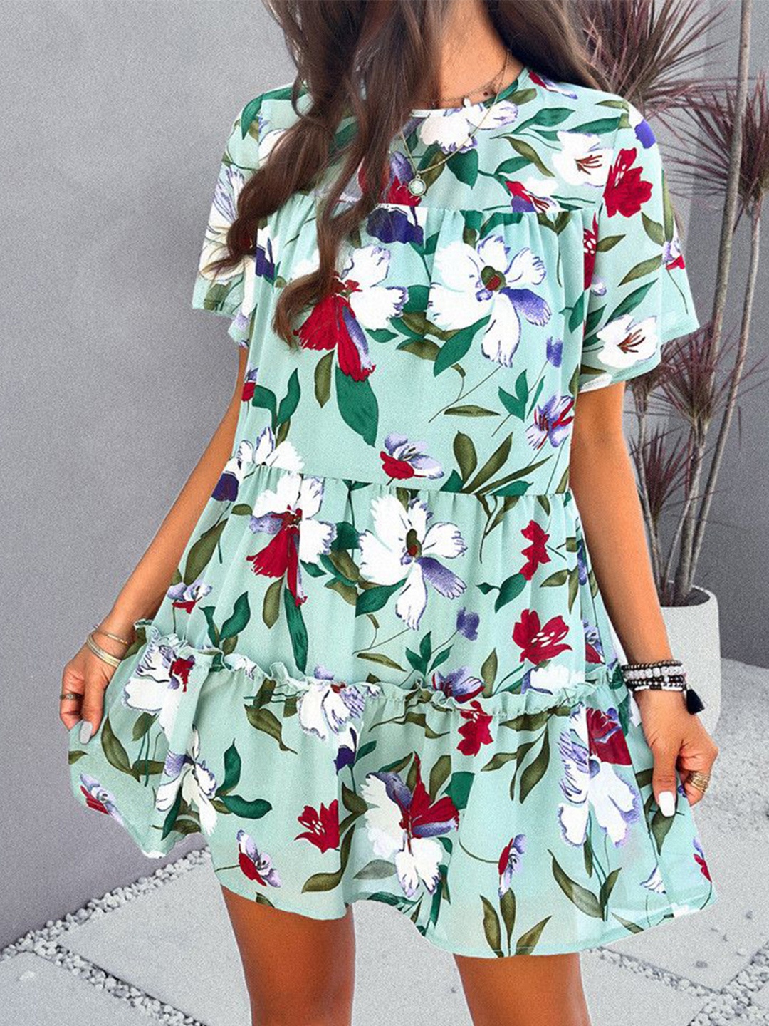 

Mast & Harbour Women Printed Tiered Flared Sleeves Fit and Flare Dress, Green