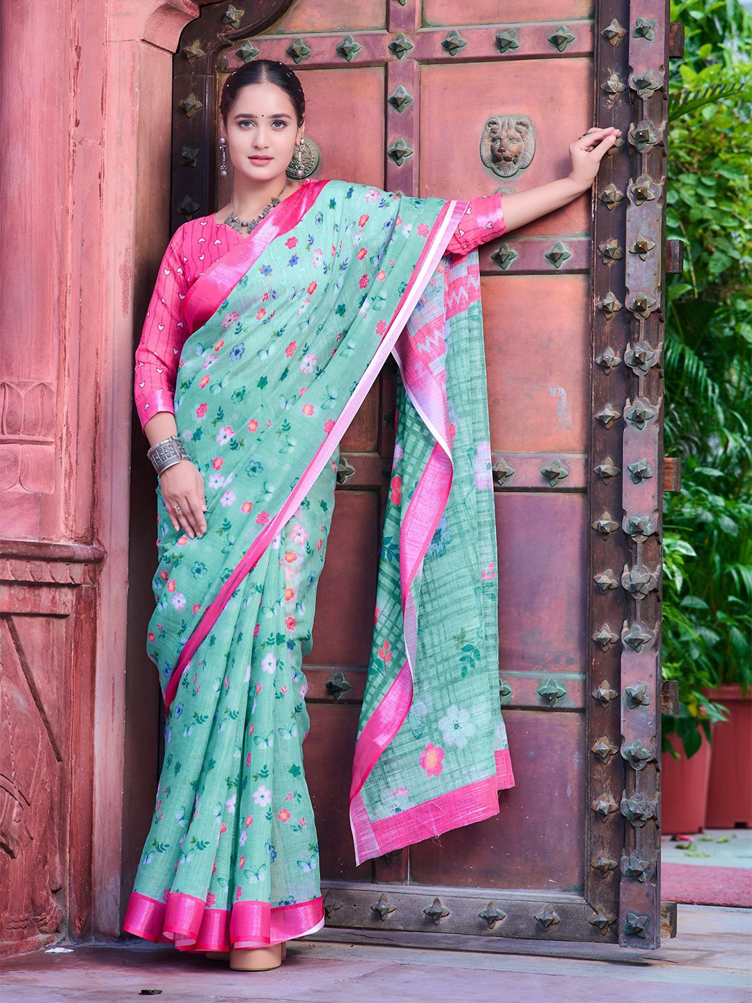 

Kalista Floral Printed Zari Pure Cotton Saree, Sea green