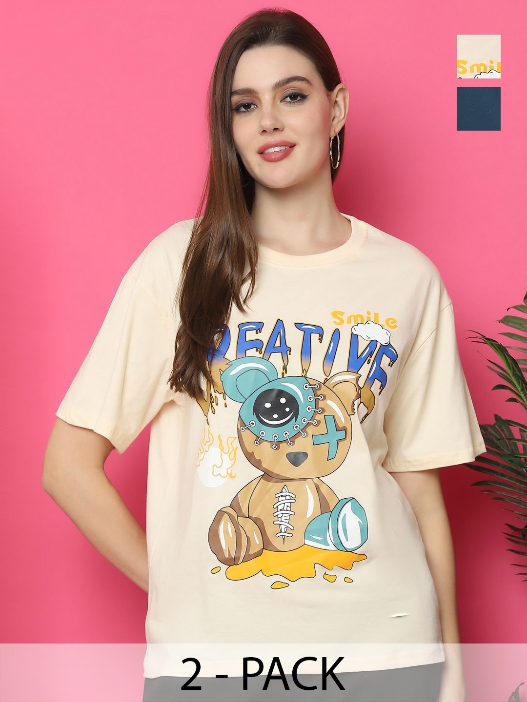 

Tromko Women Pack of 2 Graphic Printed Round Neck Cotton Relaxed Fit T-shirts, Cream