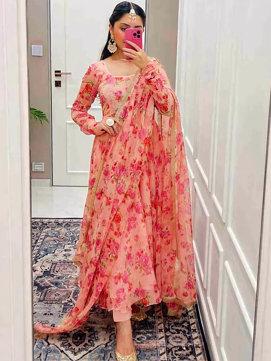 

Daeneyrys Floral Printed Round Neck Anarkali Kurta With Trousers & Dupatta, Orange
