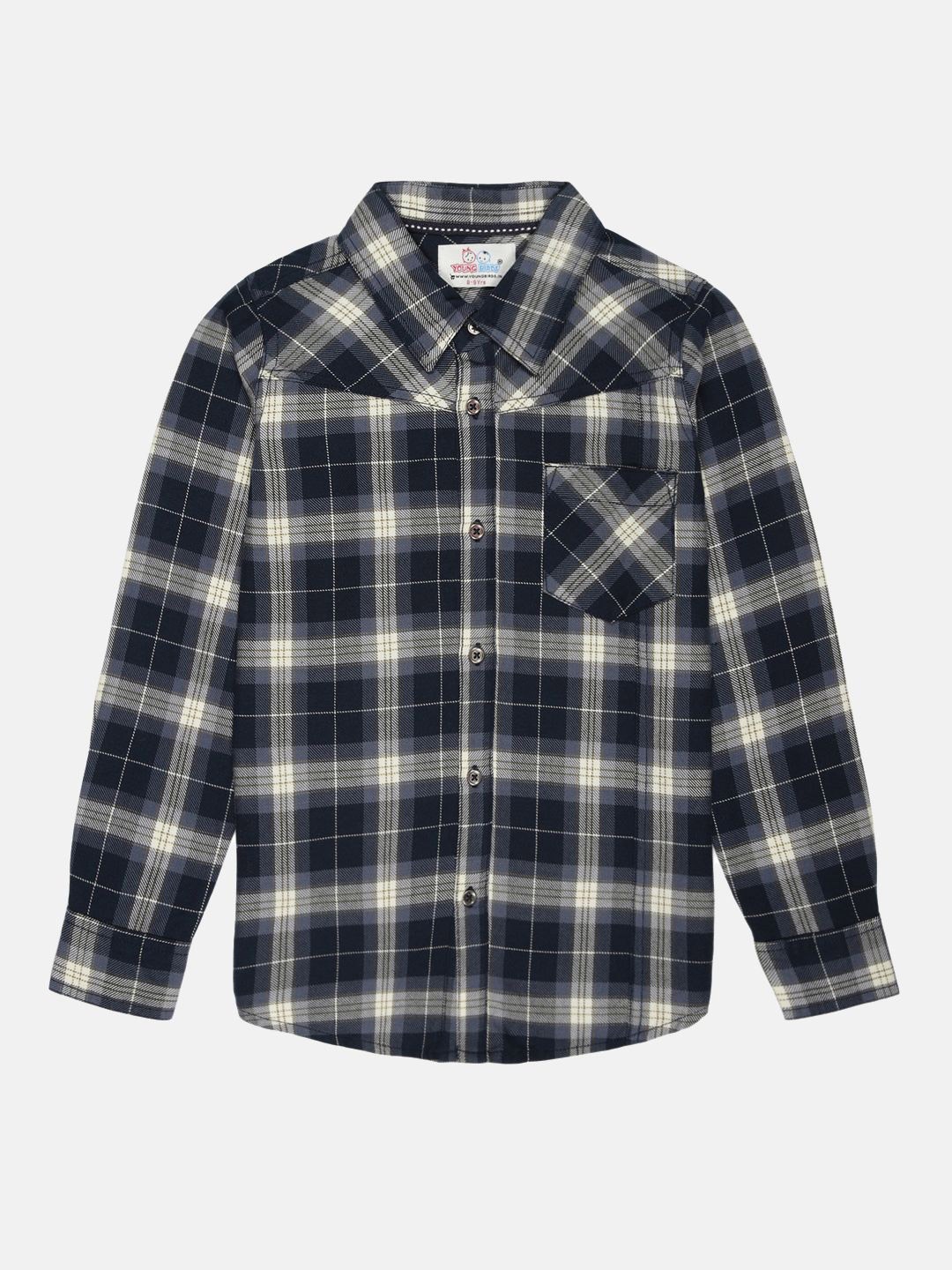 

YOUNG BIRDS Boys Tartan Checked Flannel Weave Cotton Casual Shirt, Navy blue