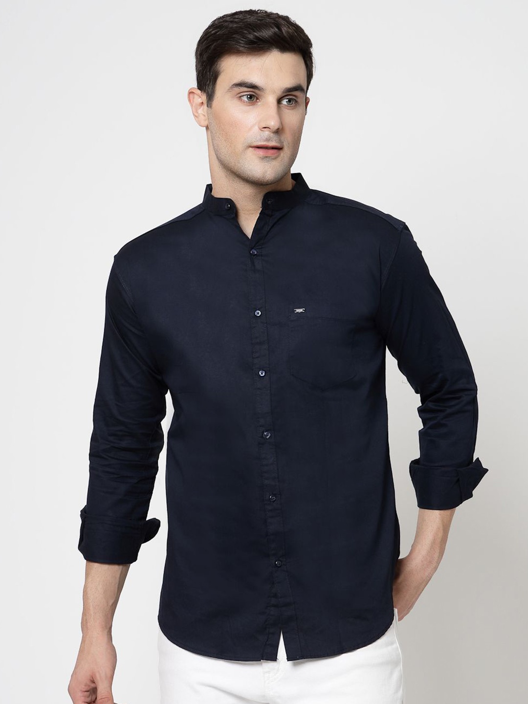 

Metronaut Classic Mandarin Collar Cotton Casual Shirt, Blue
