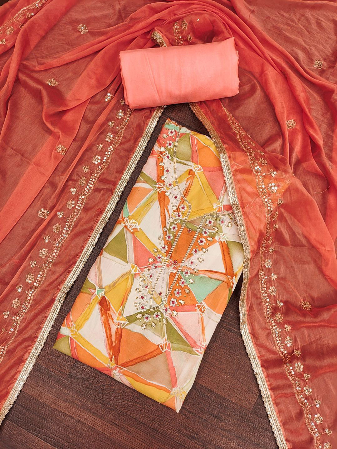 

SHADOW & SAINING Floral Embroidered Beads & Stones Pure Silk Unstitched Dress Material, Orange