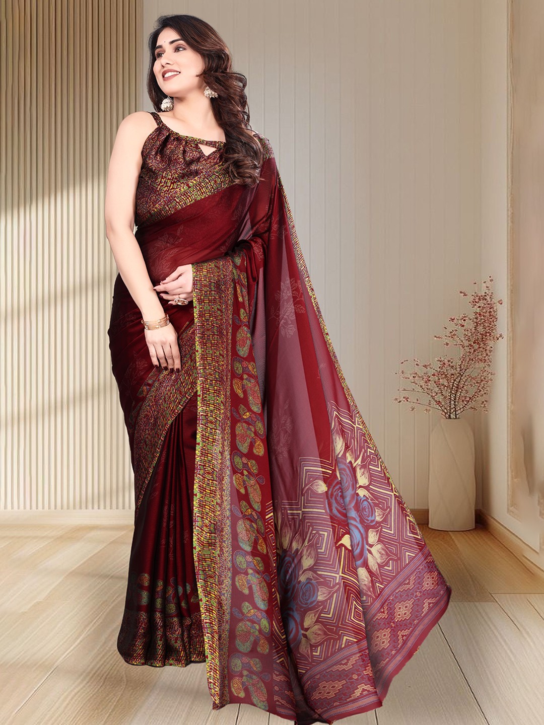 

MAGNEITTA Floral Pure Chiffon Saree, Maroon
