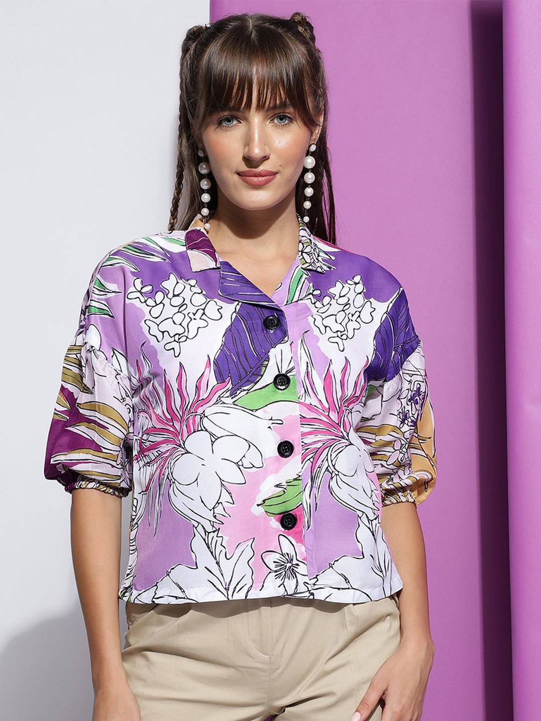 

Metronaut Women Boxy Fit Cuban Collar Floral Printed Casual Shirt, Purple