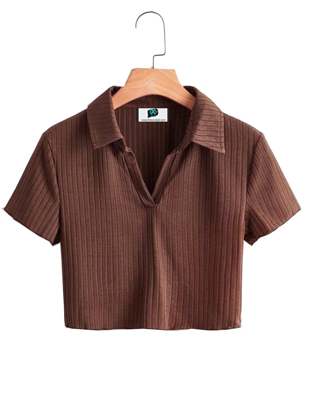 

Sxv Style Women Ribbed Shirt Collar Crop Fitted T-shirt Top, Brown