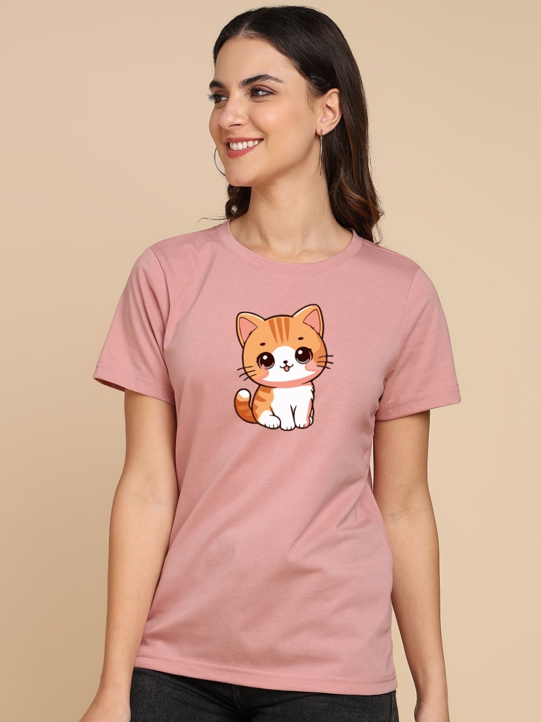 

Adyavastram Cat Printed Round Neck Cotton T-shirt, Pink
