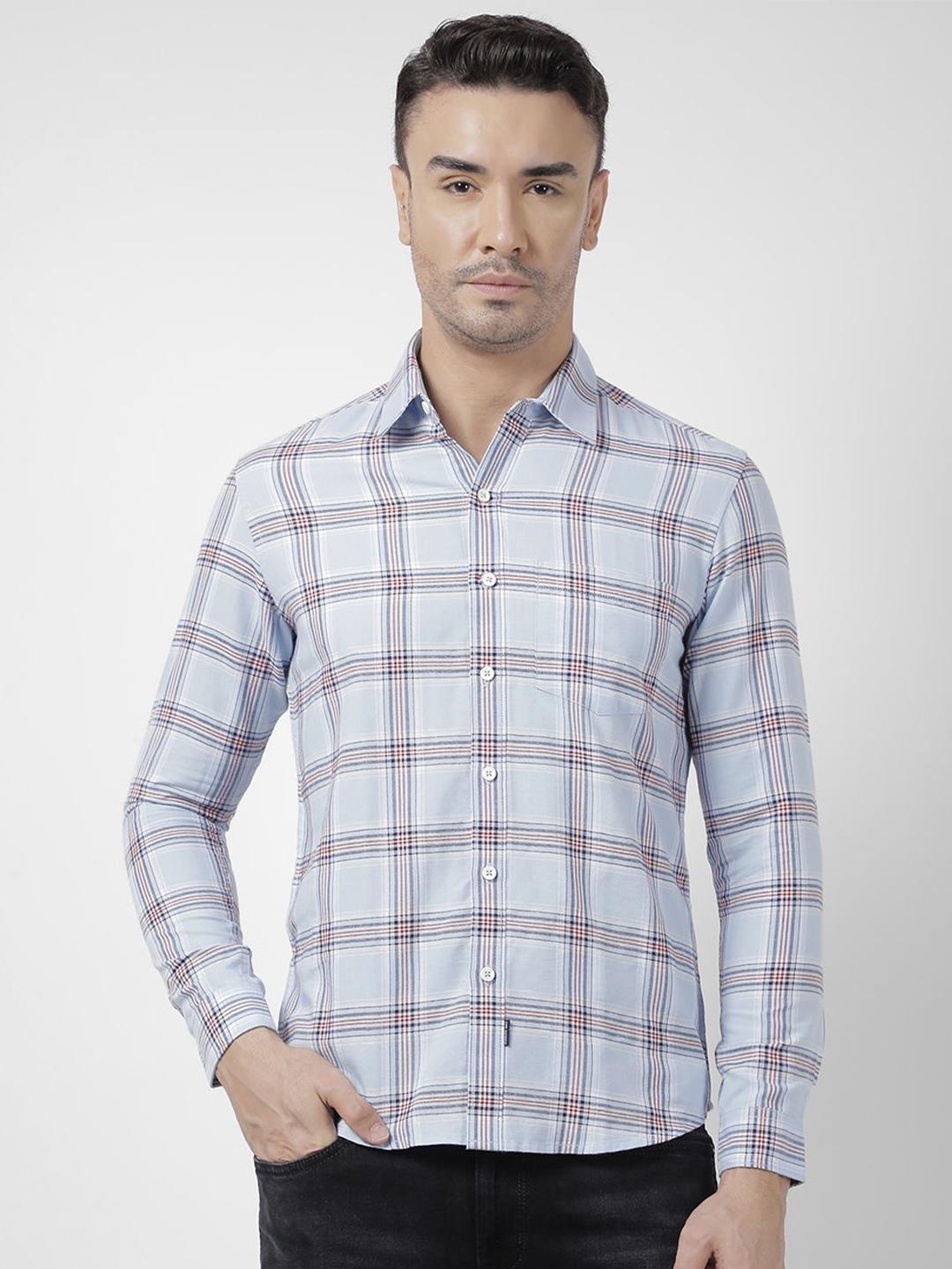 

Numero Uno Slim Fit Checked Spread Collar Cotton Casual Shirt, Blue