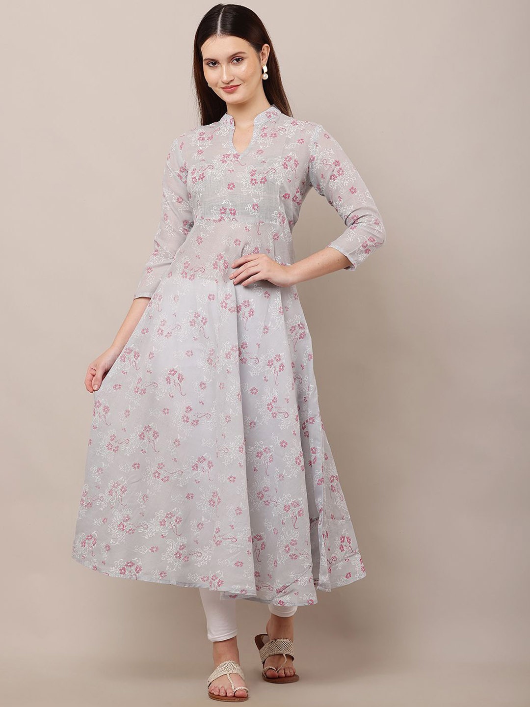 

EZIS FASHION Floral Printed Mandarin Collar Pure Cotton Anarkali Kurta, Grey