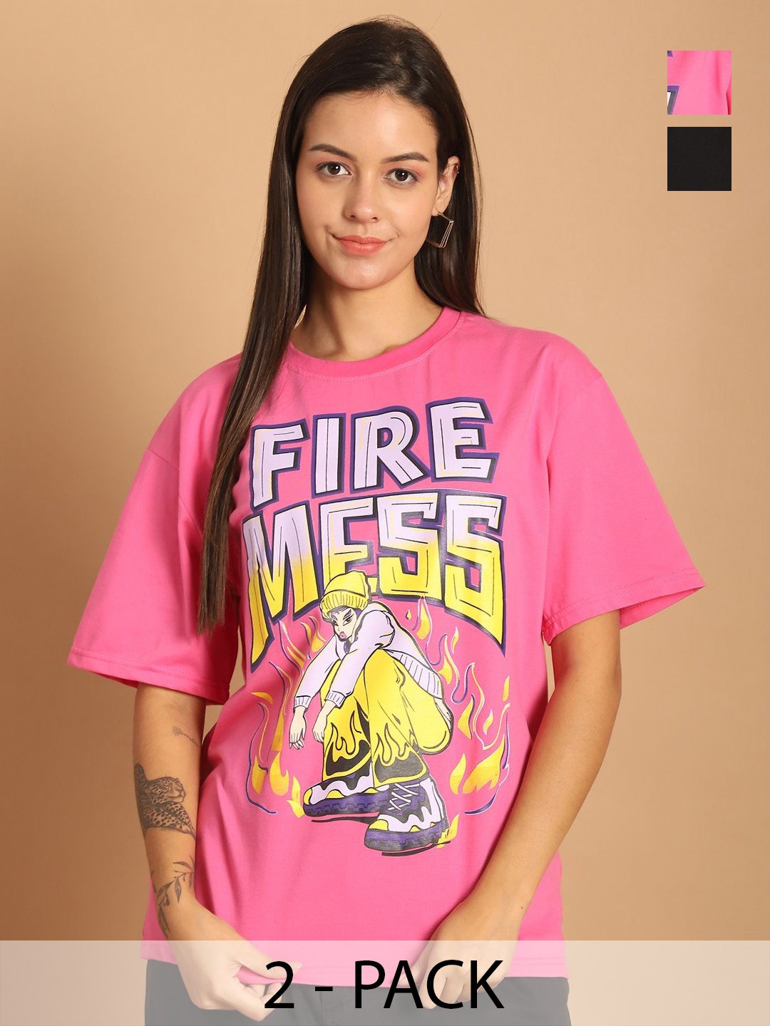 

Tromko Women Pack of 2 Graphic Printed Round Neck Cotton Oversized T-shirts, Pink