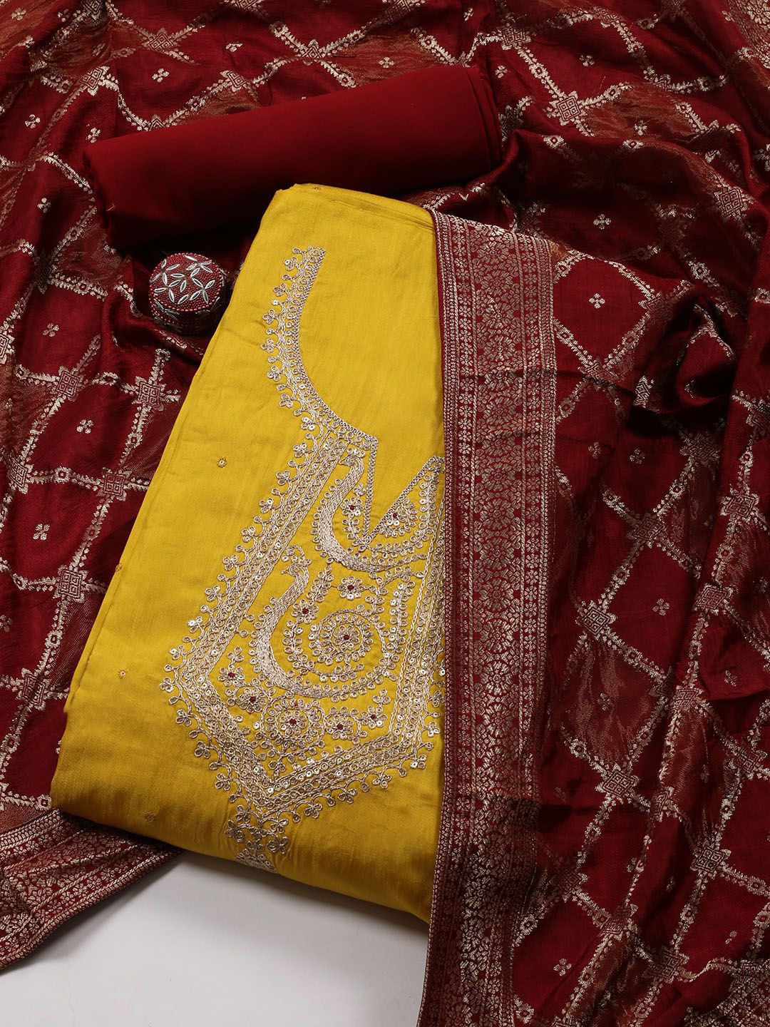 

Meena Bazaar Floral Embroidered Sequinned Art Silk Unstitched Dress Material, Mustard