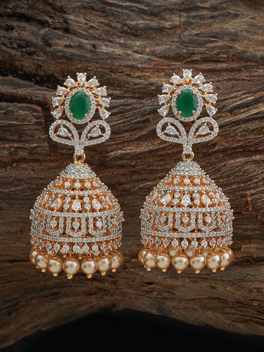 

Kushal's Fashion Jewellery Gold-Plated Dome Shaped Zircon Jhumkas Earrings, Green