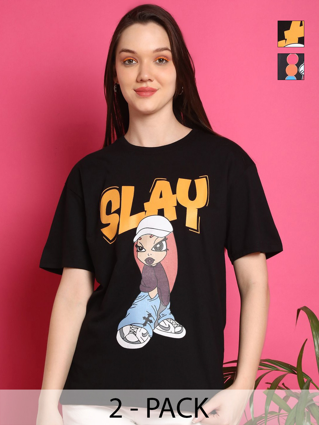 

Tromko Women Pack of 2 Graphic Printed Round Neck Cotton Oversized T-shirts, Cream