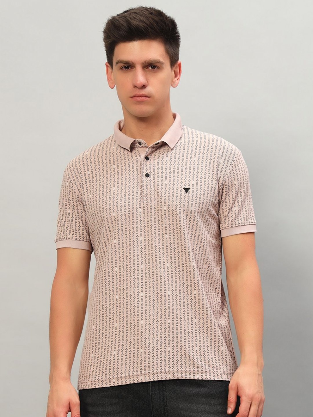 

PROFY Men Geometric Printed Polo Collar Cotton T-shirt, Peach