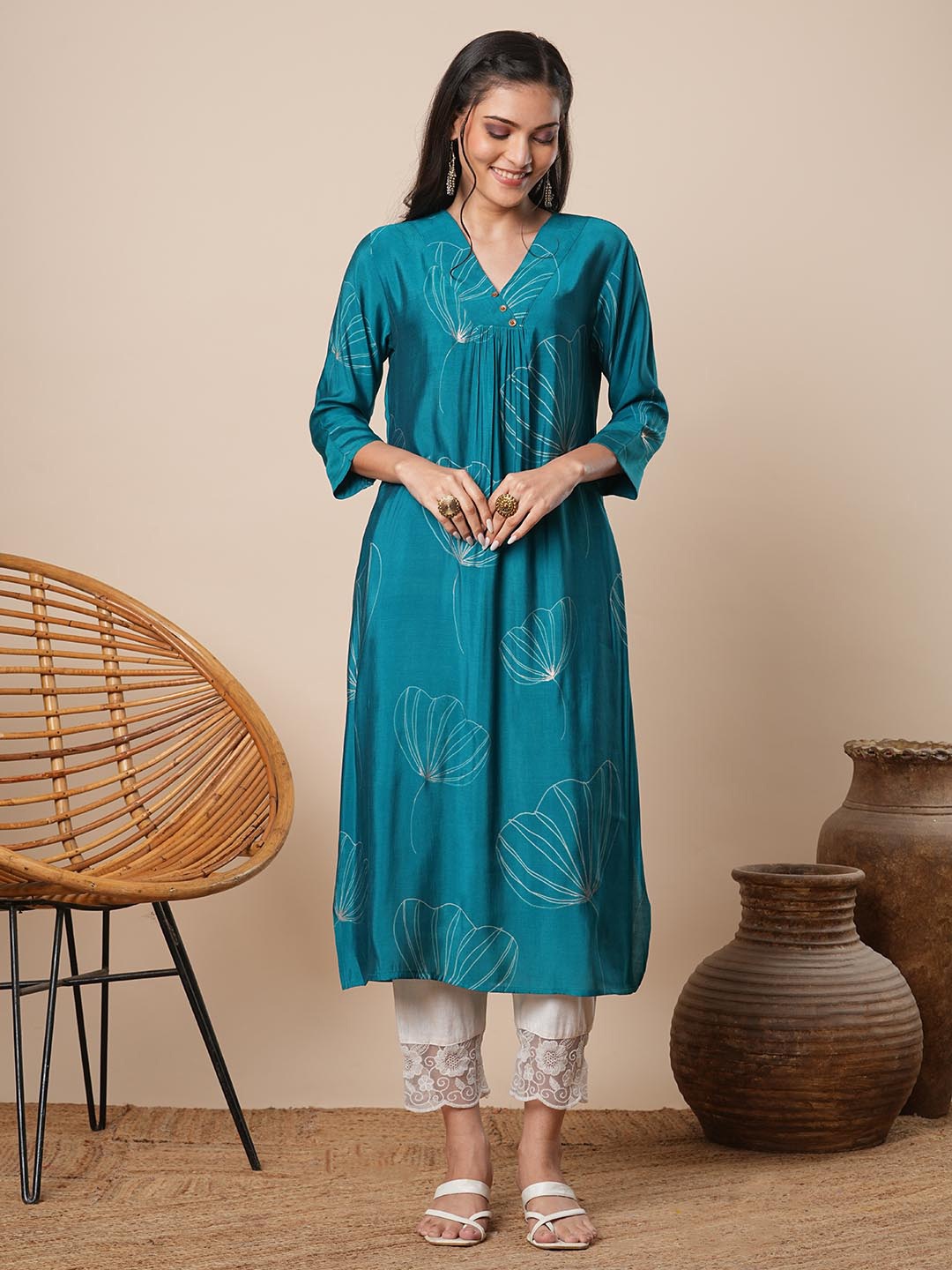 

FASHOR Floral Printed Pleated V-Neck A-Line Kurta, Turquoise blue