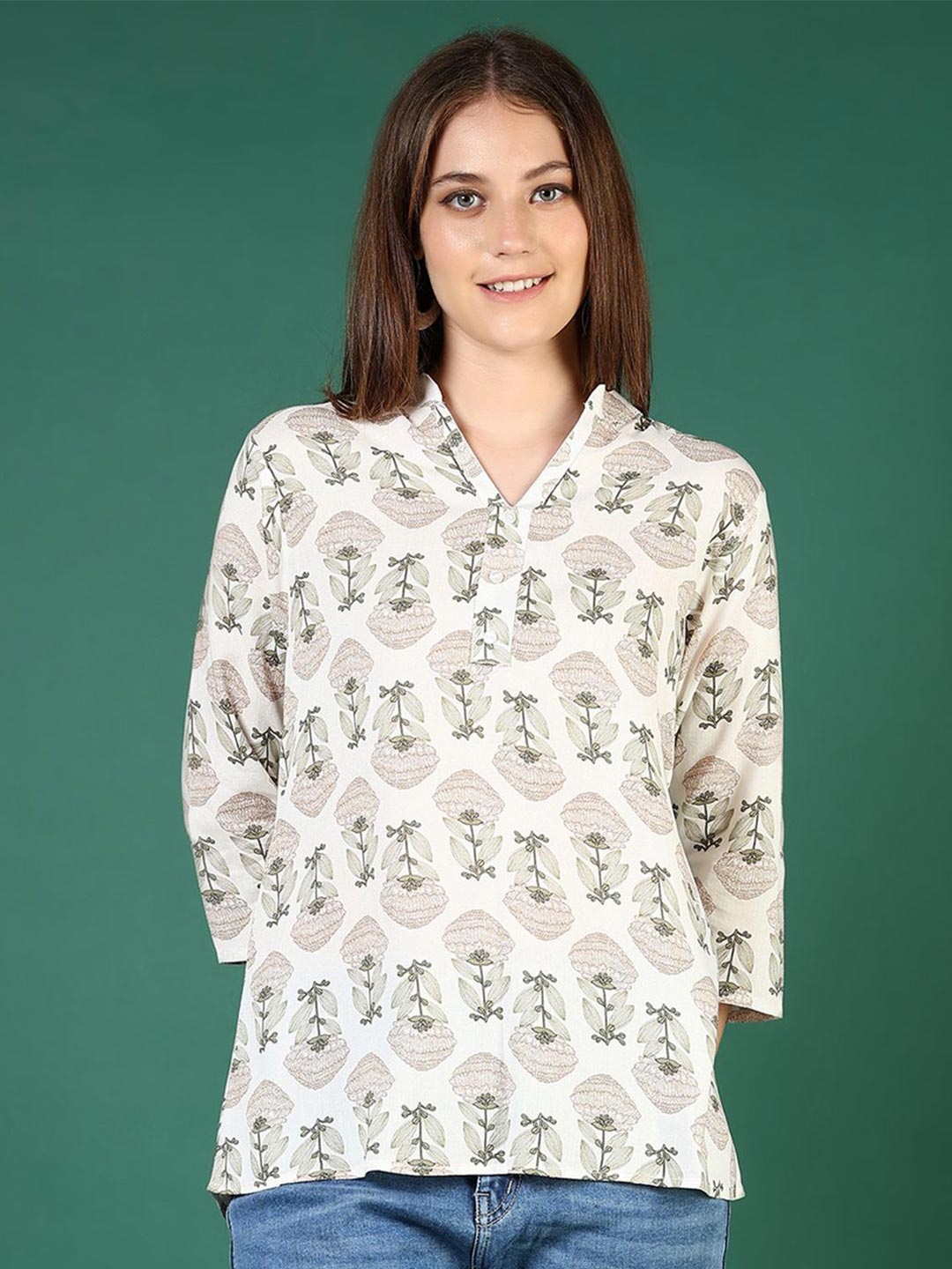 

V-Mart Women Floral Print Mandarin Collar Three-Quarter Sleeves Top, Off white