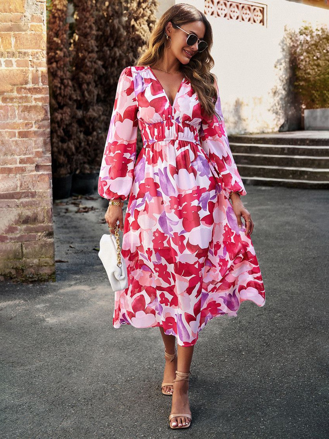 

Mast & Harbour Women Floral Printed V-Neck Puff Sleeves Midi Fit & Flare Dress, Red