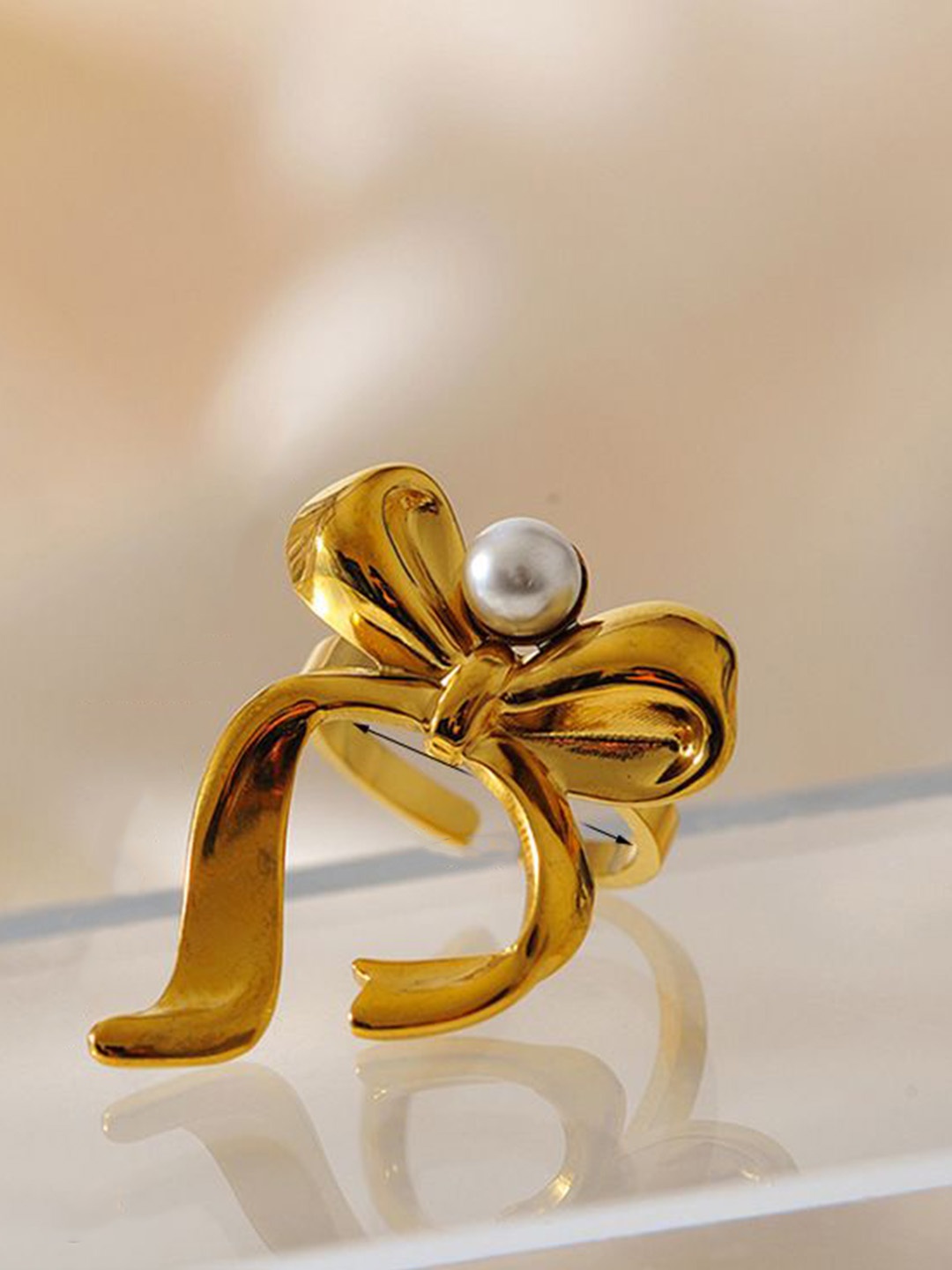 

Just Lil Things Bow Shaped Pearl Beaded Adjustable Finger Ring, Gold
