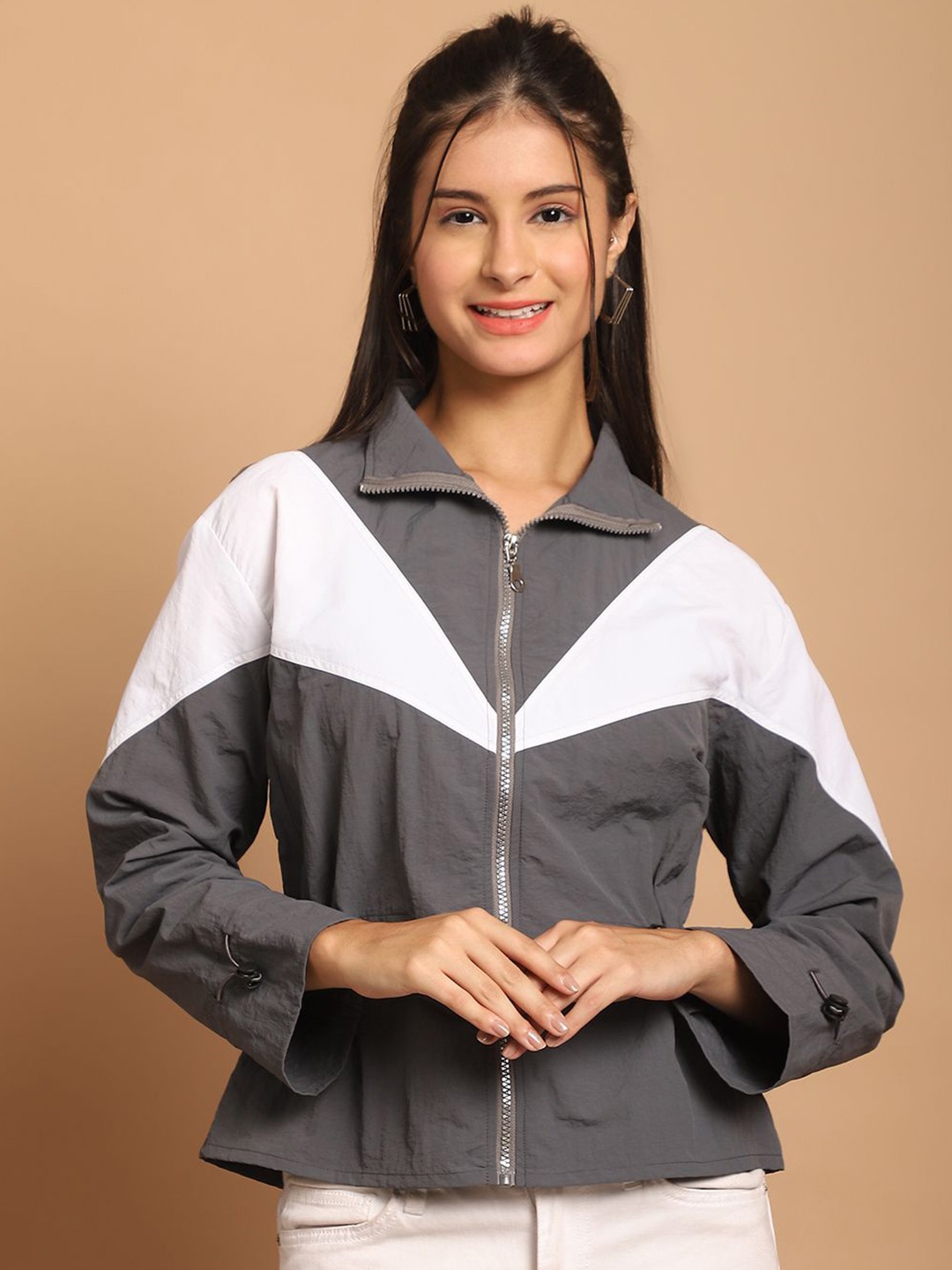 

JAKANARY Women Colourblocked Shirt Collar Long Sleeves Top, Grey