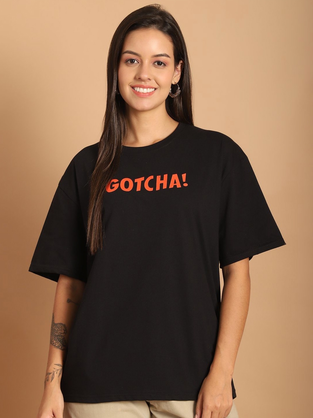 

Tromko Women Typography Printed Round Neck Cotton Oversized T-shirt, Black