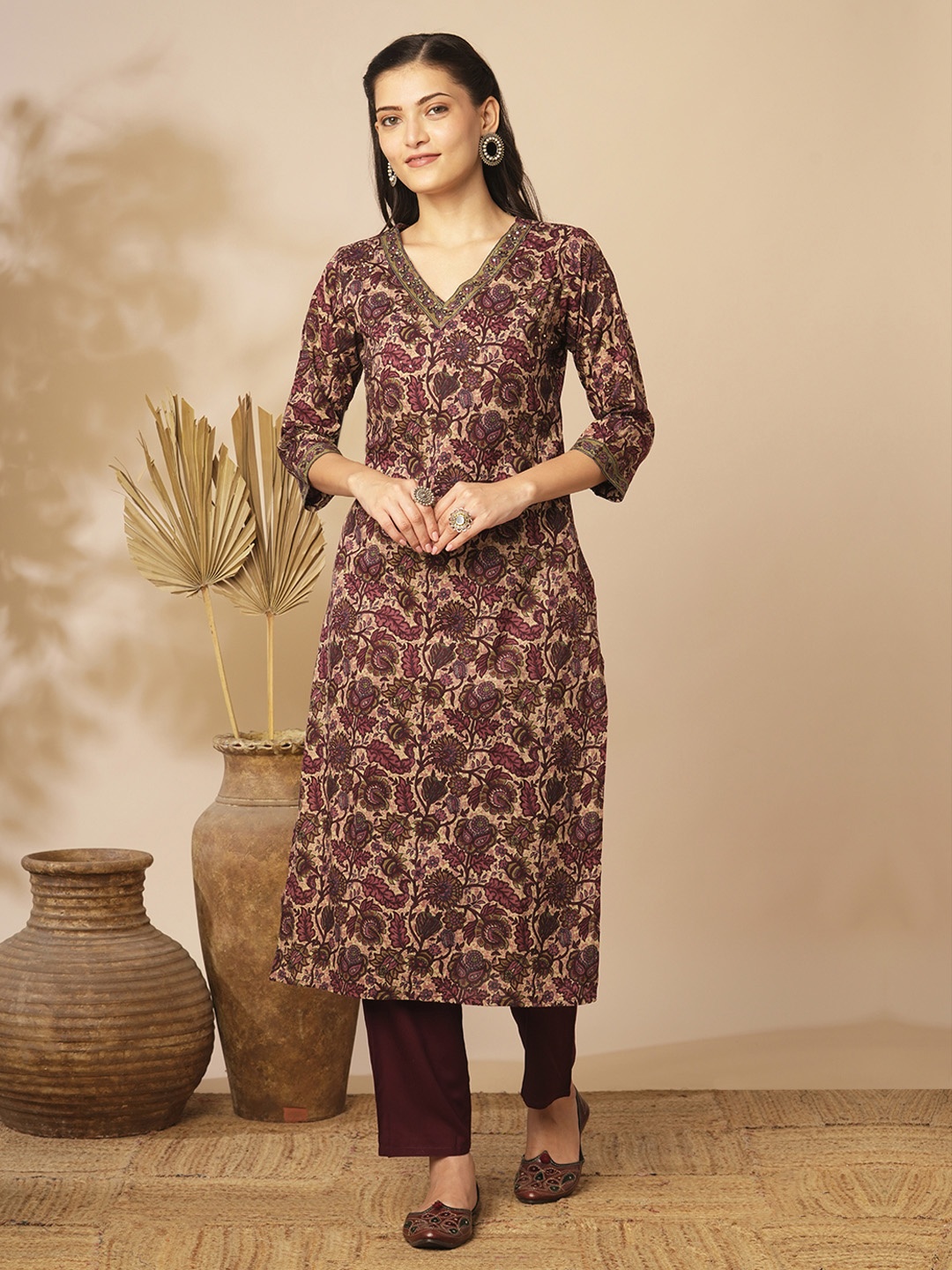 

FASHOR Floral Printed V-Neck Sequins Pure Cotton Straight Kurta, Beige