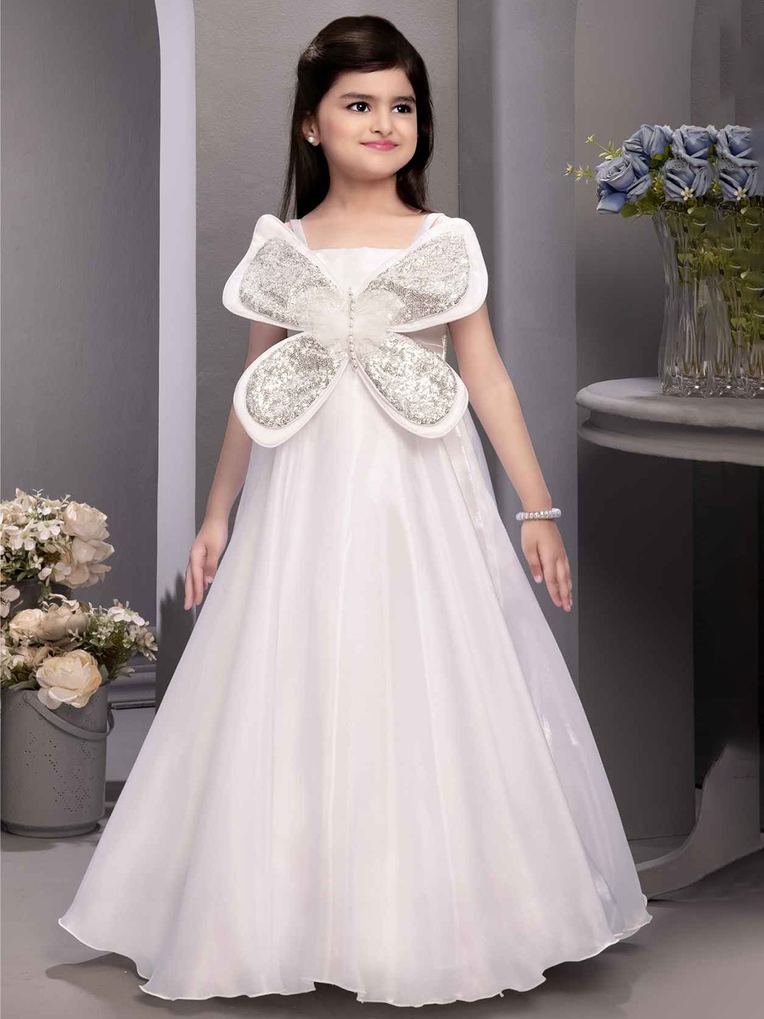 

Lagorii Girls Sleeveless And Butterfly Embellished Gown White Dress