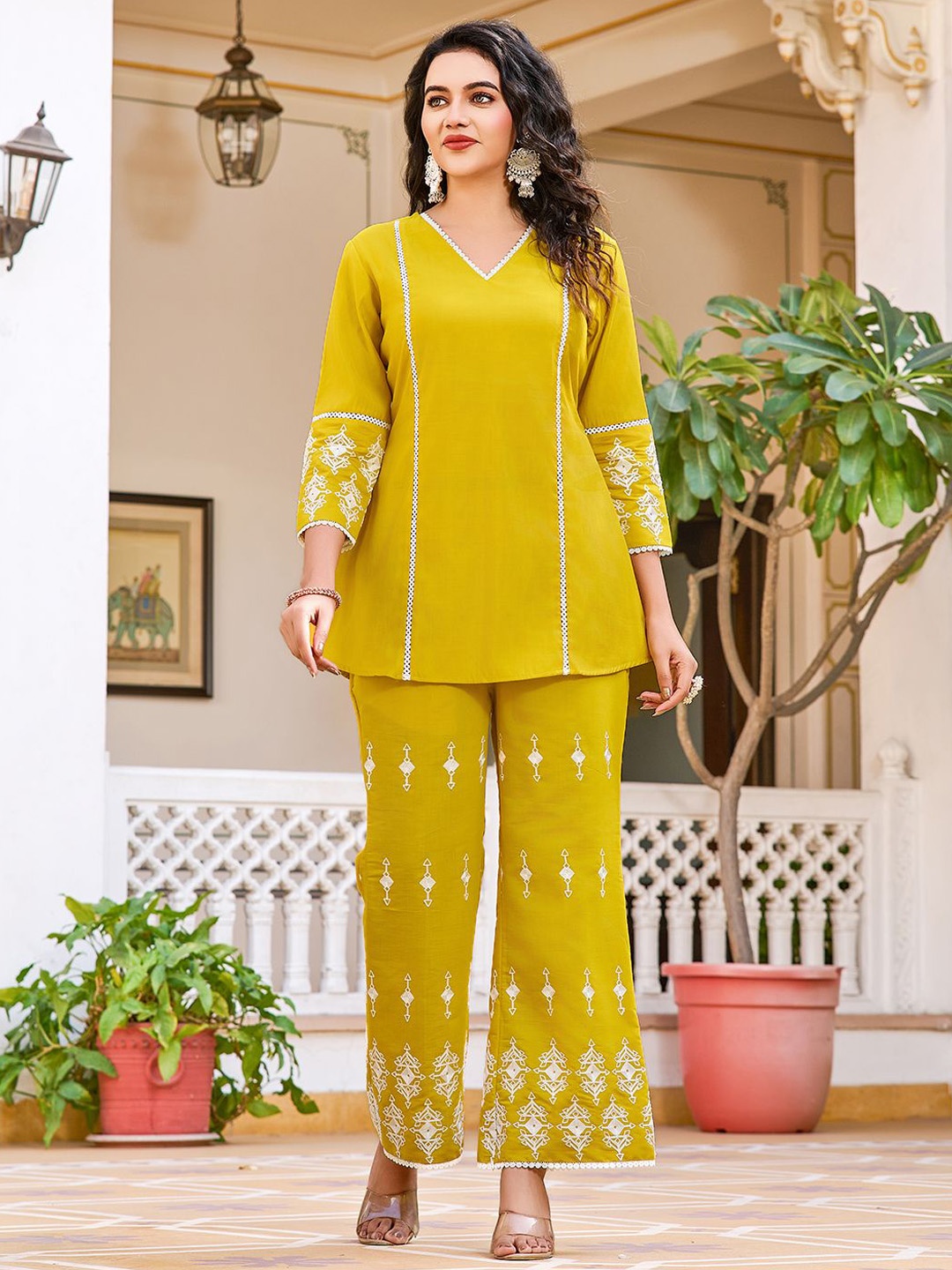 

VIBE VISION Floral Embroidered V-Neck Tunic With Trouser, Mustard
