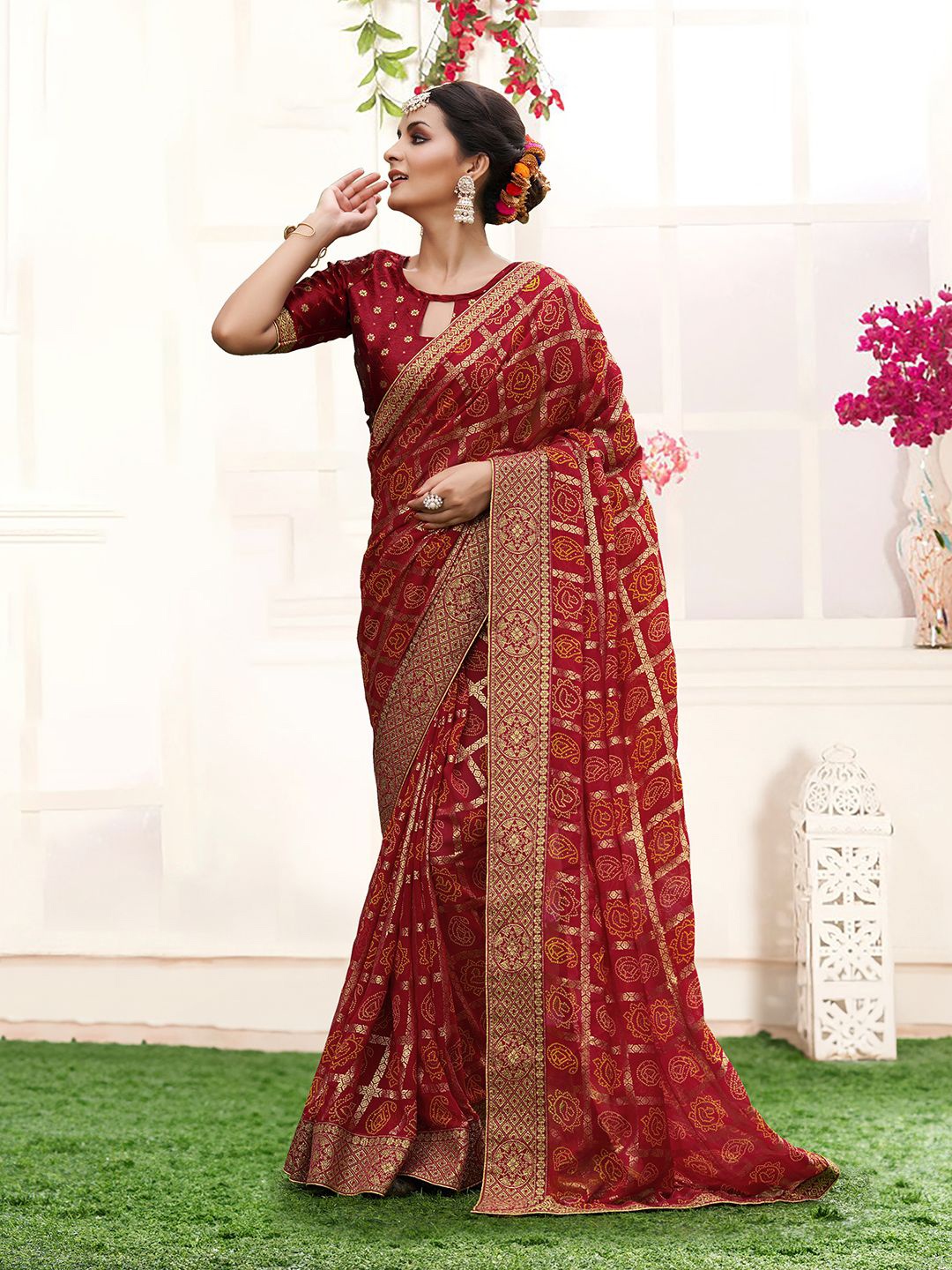 

Rekha Maniyar Woven Design Zari Ready to Wear Bandhani Saree, Red